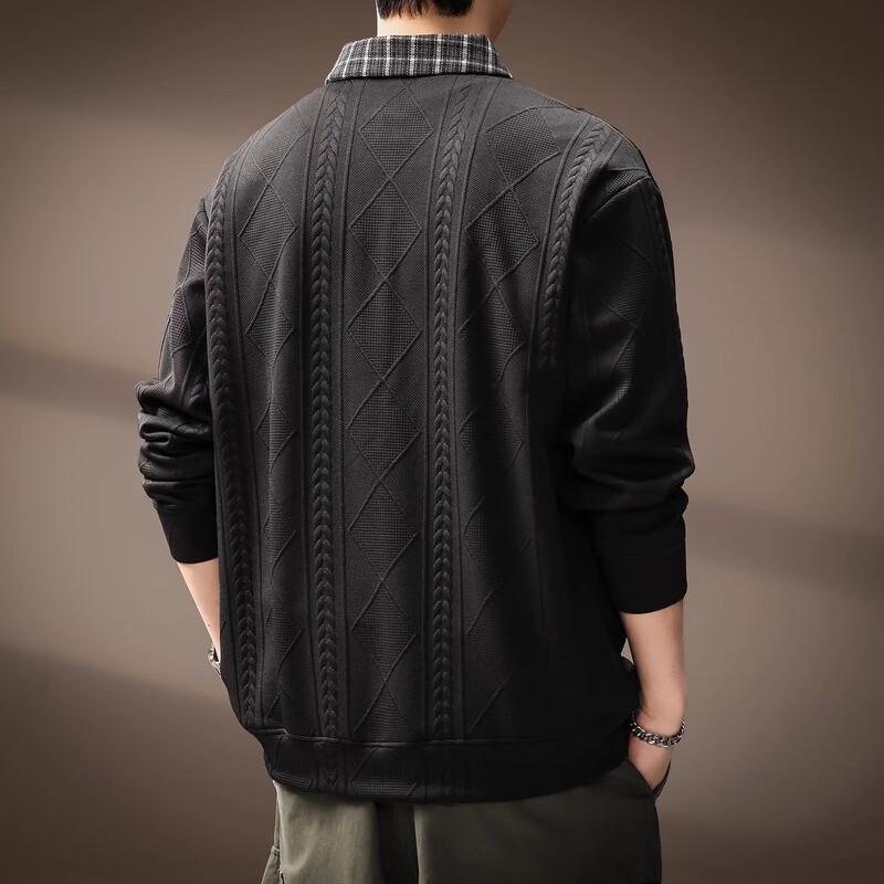 Men's Faux Two-Piece Wheat Texture Long Sleeve Polo Sweatshirt