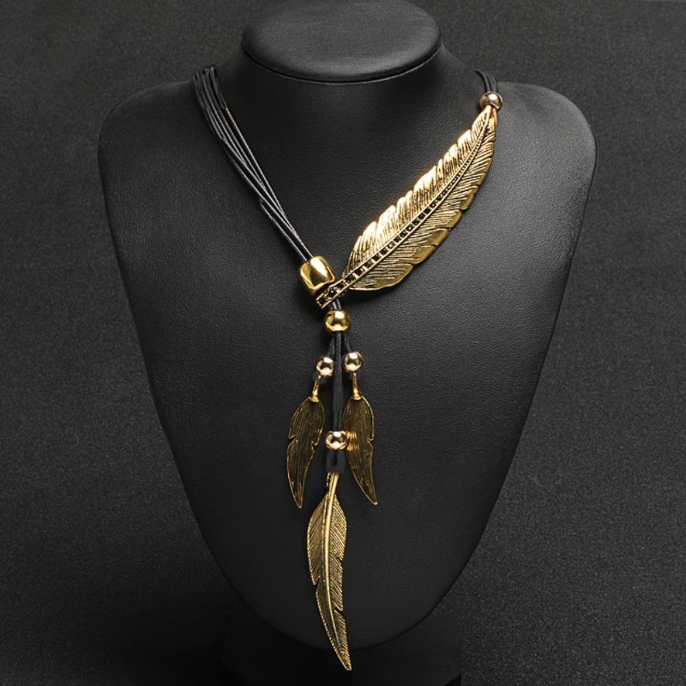 Rhinestone Leather Rope Tassel Necklace Zinc Zinc Alloy Leaves Neck Pendant Golden Feather Necklace  Couple