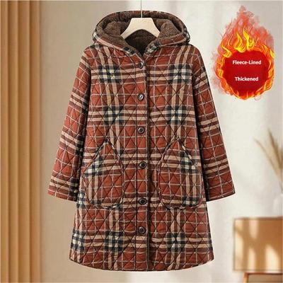 Winter neuer Retro-Plaid mittelanger Samt verdickter Kapuzen-Baumwollmantel Damen Übergröße warmer Baumwollmantel