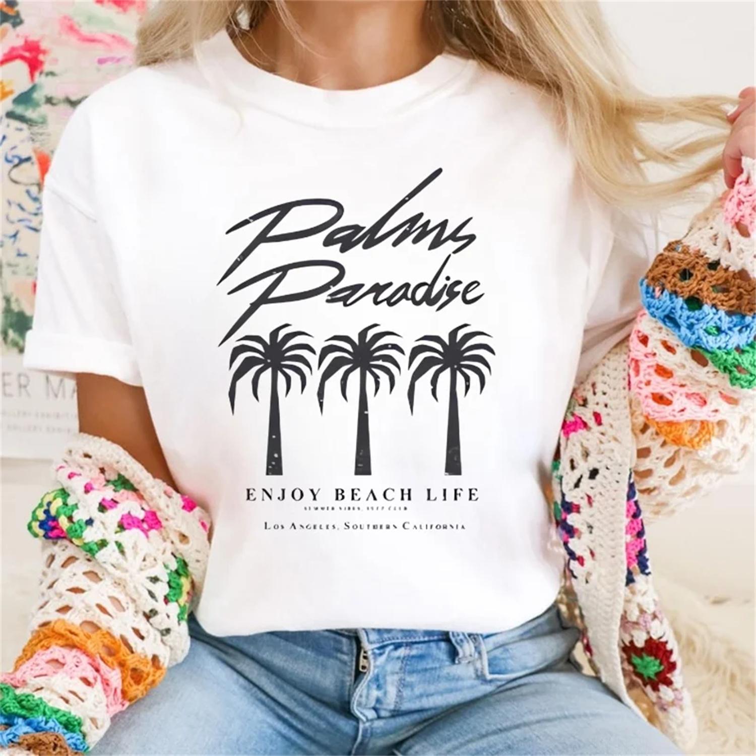 

Retro Palm Cartoon Pattern Beach Life Print New Harajuku Style Summer Basic Cute Round Neck Short Sleeve Women s Top T-Shirt XXXXXL білий