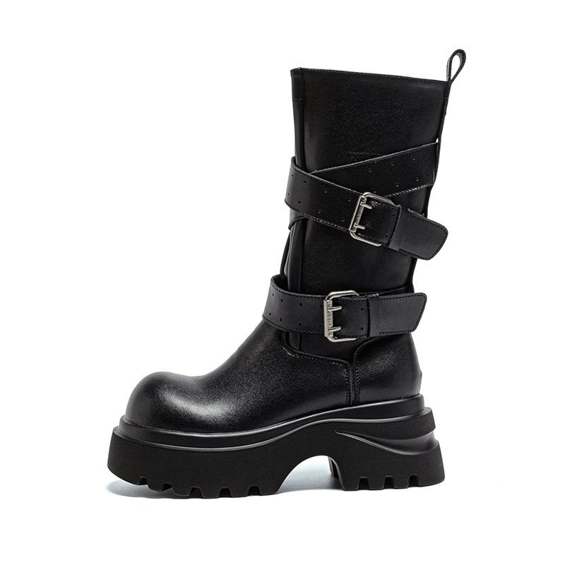 Ретро ботинки-рыцари средней длины на толстой подошве, женские новые короткие ботинки с пряжкой-ремнем осень-зима 2025, однотонный дизайн