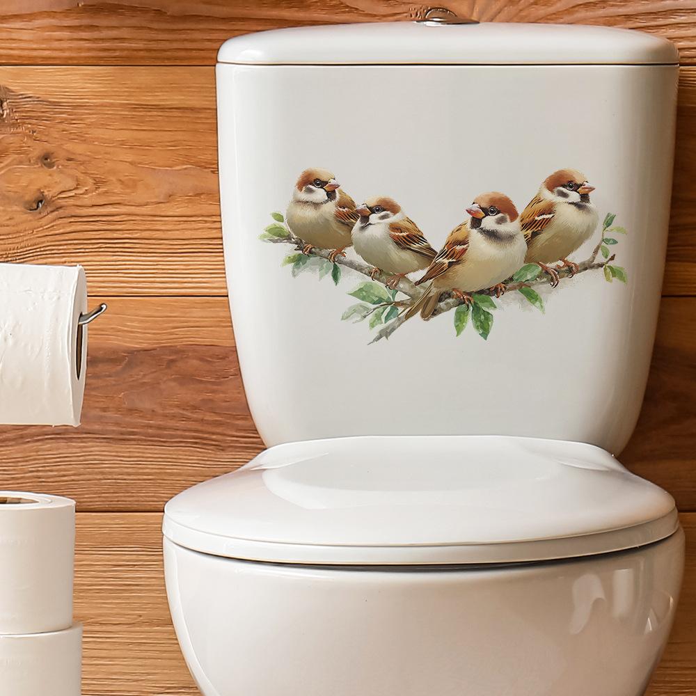 Cartoon Sparrow on a Branch Toilet Seat Sticker Bathroom Decor Removable Waterproof Decal