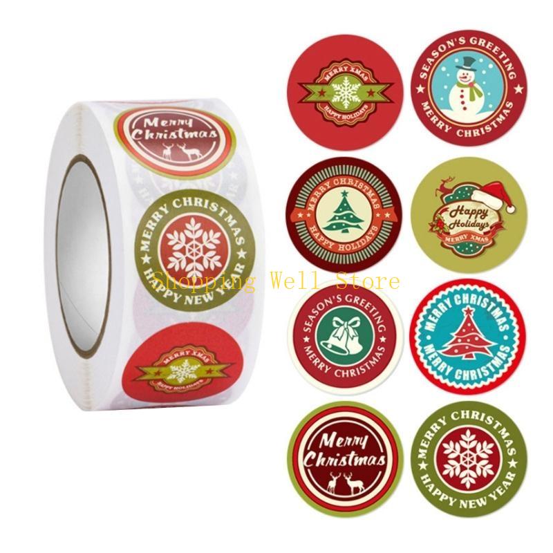 KX4B 500pcs/roll Merry Christmas Stickers Round Adhesive Christmas Theme Seal Labels