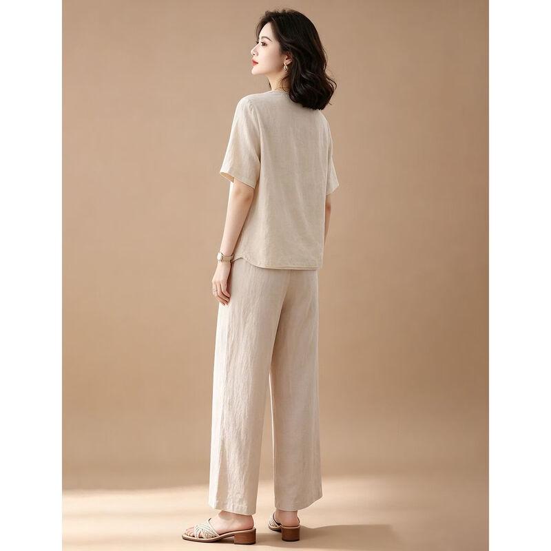 EST+II Women's Round Neck Short Sleeve Top & Wide-Leg Pants Set