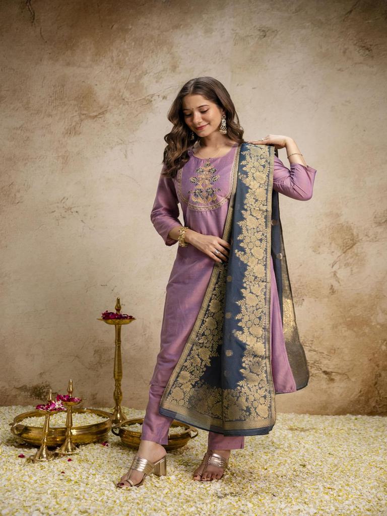 Lavender Kurta Pant Set with Navy Blue Banarasi Dupatta, Indian Ethnic Suit for Women, Festive Traditional Outfit, Wedding Wear Dress