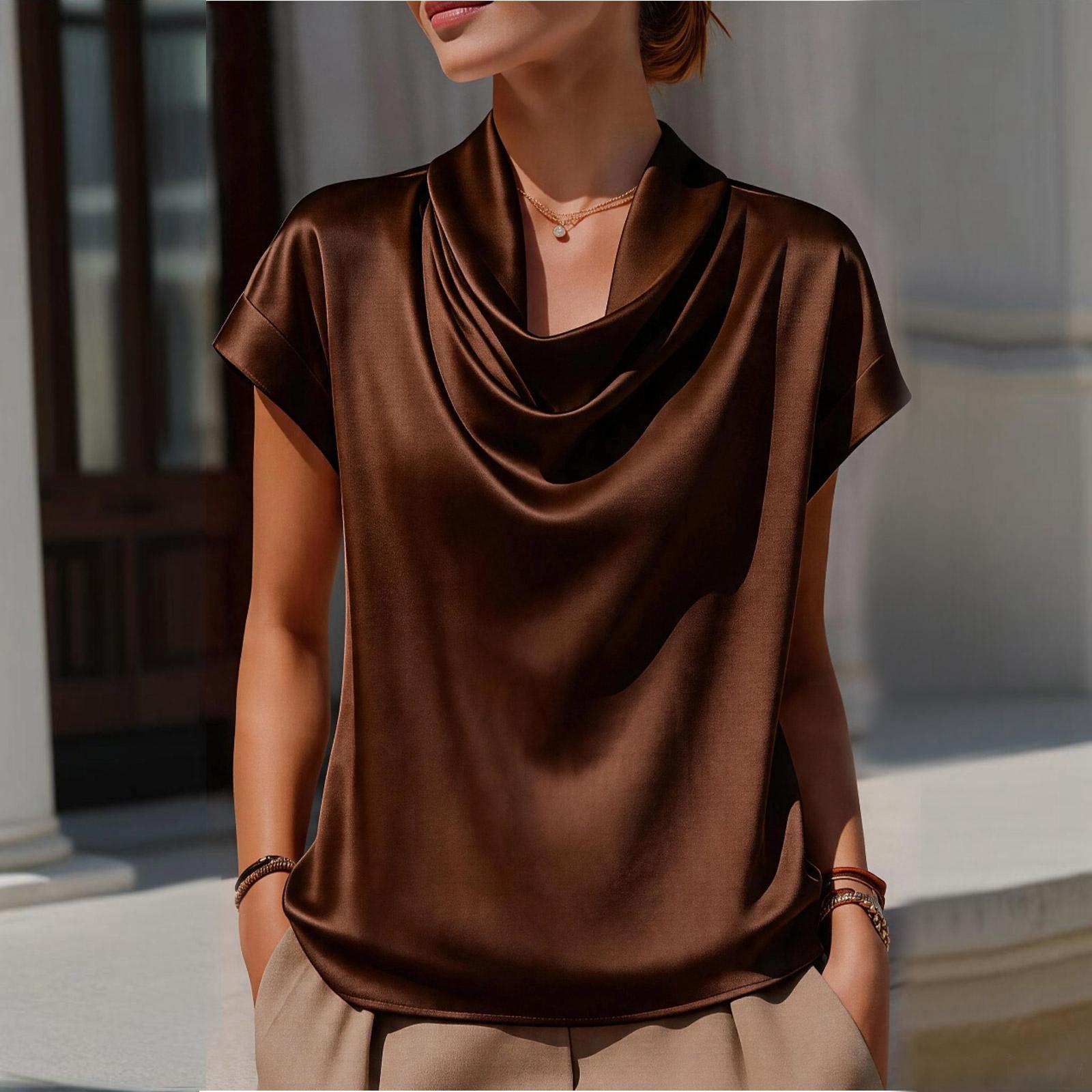 

Women s Fashion Color Casual Loose-Fit Cowl Neck Short-Sleeve Versatile Top M хаки