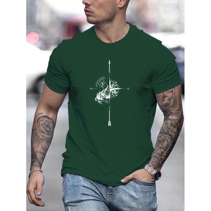 Men's Mountain Compass Pattern Print T-shirt Man Summer Casual Round Neck Short Sleeve T-shirt Top