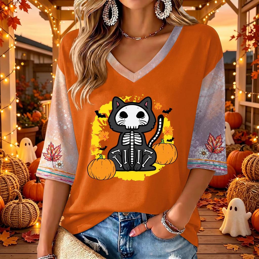Women's V-Neck Casual Halloween Print Three-Quarter Sleeve Top for Fall Festive Occasions