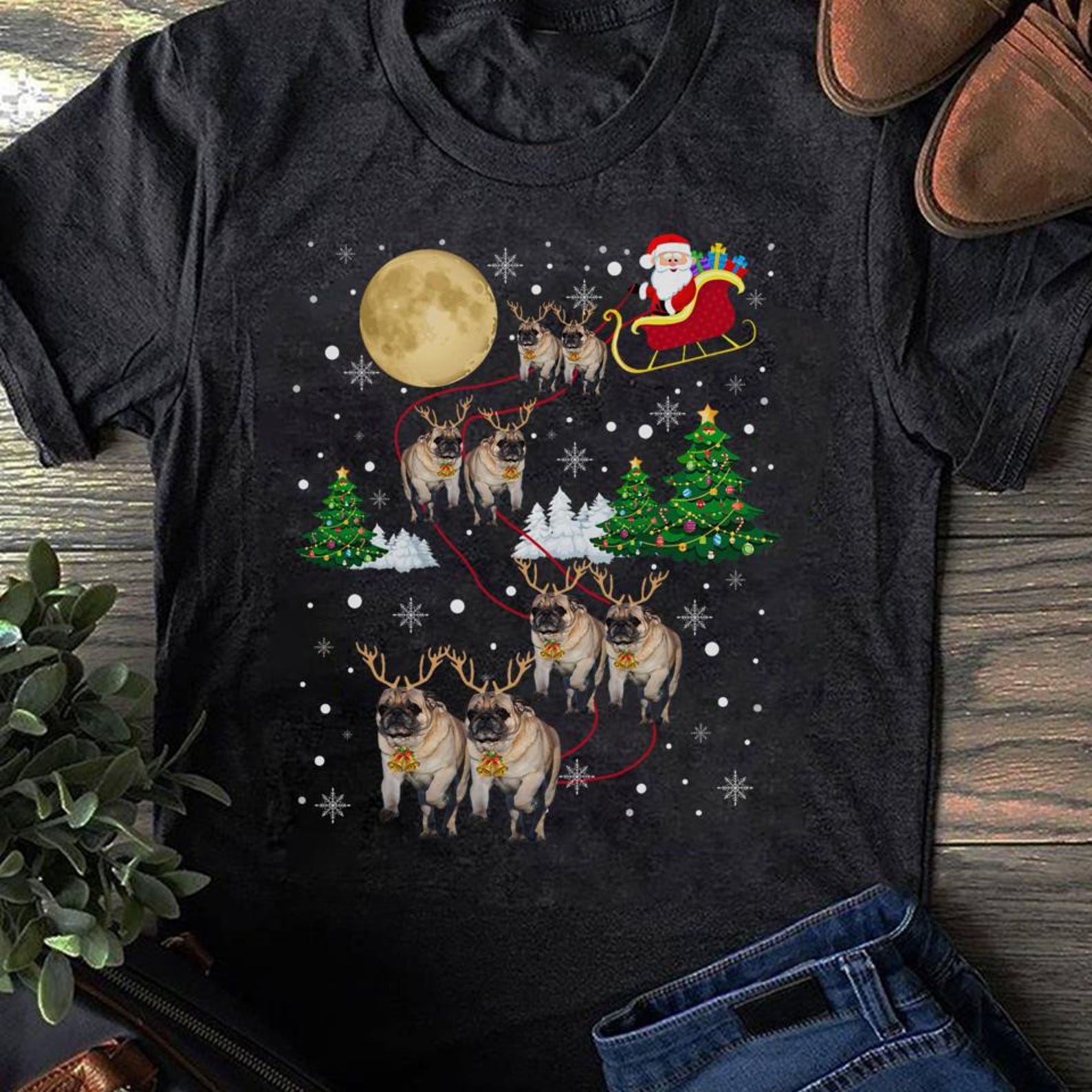 Pug Reindeer Christmas T-Shirt: Funny Dog Lover Gift S