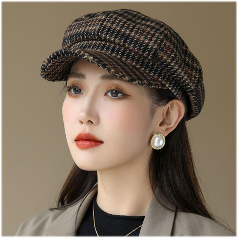 Frauen Plaid Achteckige Hut Damen Winter Herbst Runde Gesicht Warm Verdickt Fleece Maler Kappe