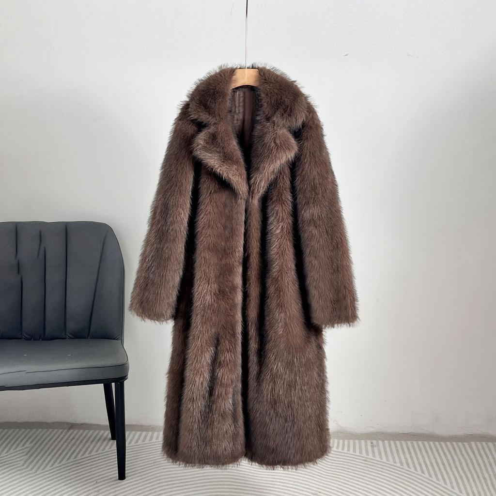 Langer flauschiger Kunstpelzmantel für Frauen Winterkleidung Verdicken Sie warme Reverskragen Plüschjacke Oberbekleidung Mantel weiblich