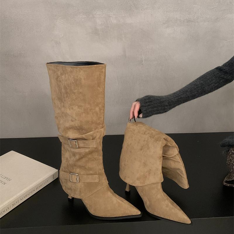 Fashion Street Style Pointed Toe Women Knee-High Boots Fashion Button Combination Splicing Thin High Heels Long Booties