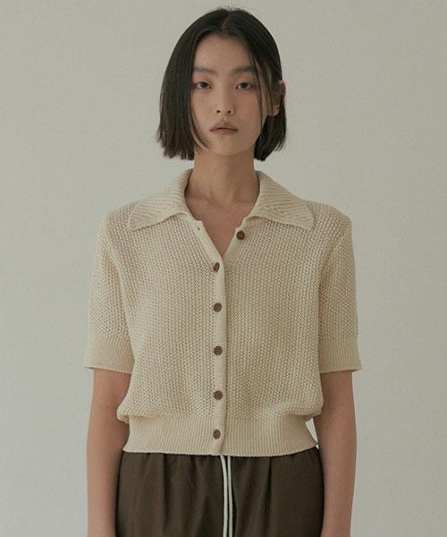 Lingseoul Open Collar Cotton Knit-Oatmeal