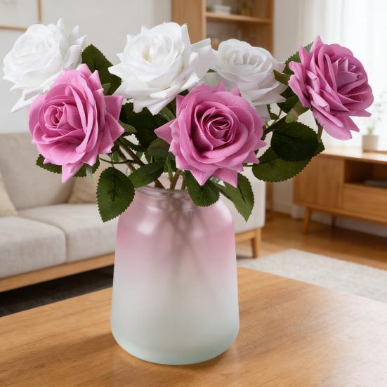 Artificial Rose with Green Leaves Realistic Fake Flower Stem Home Office Wedding Party