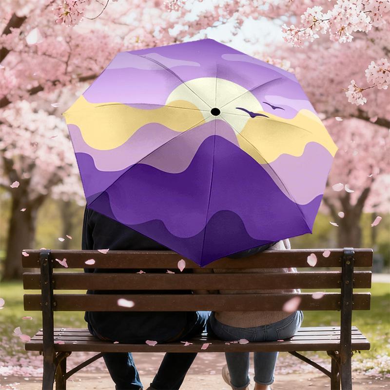 1pc Sunset Mountains Automatic Folding Umbrella 8 Rib Iron Frame,  Suitable for Travel, Daily Use, Birthday, Women & Men Gift C1231050