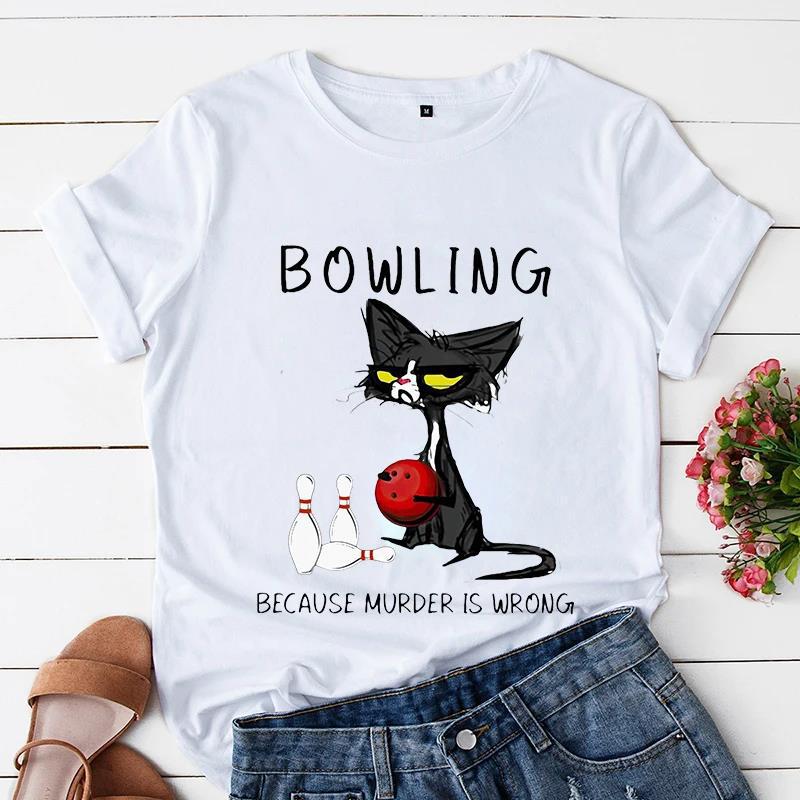Sommer Kurzarm T-Shirt bedruckt mit Schwarzer Katze Gartenarbeit Lässig Lockeres Oberteil, Modische Reine Baumwoll-T-Shirts Damen