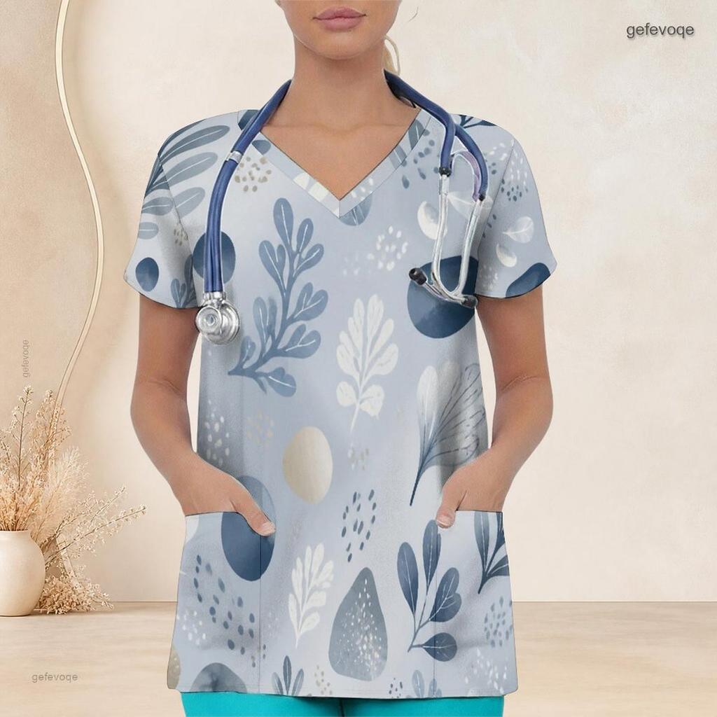 Damen Plus Size Bedrucktes Krankenschwester-Kitteloberteil V-Ausschnitt Kurzarm Mit Vordertaschen