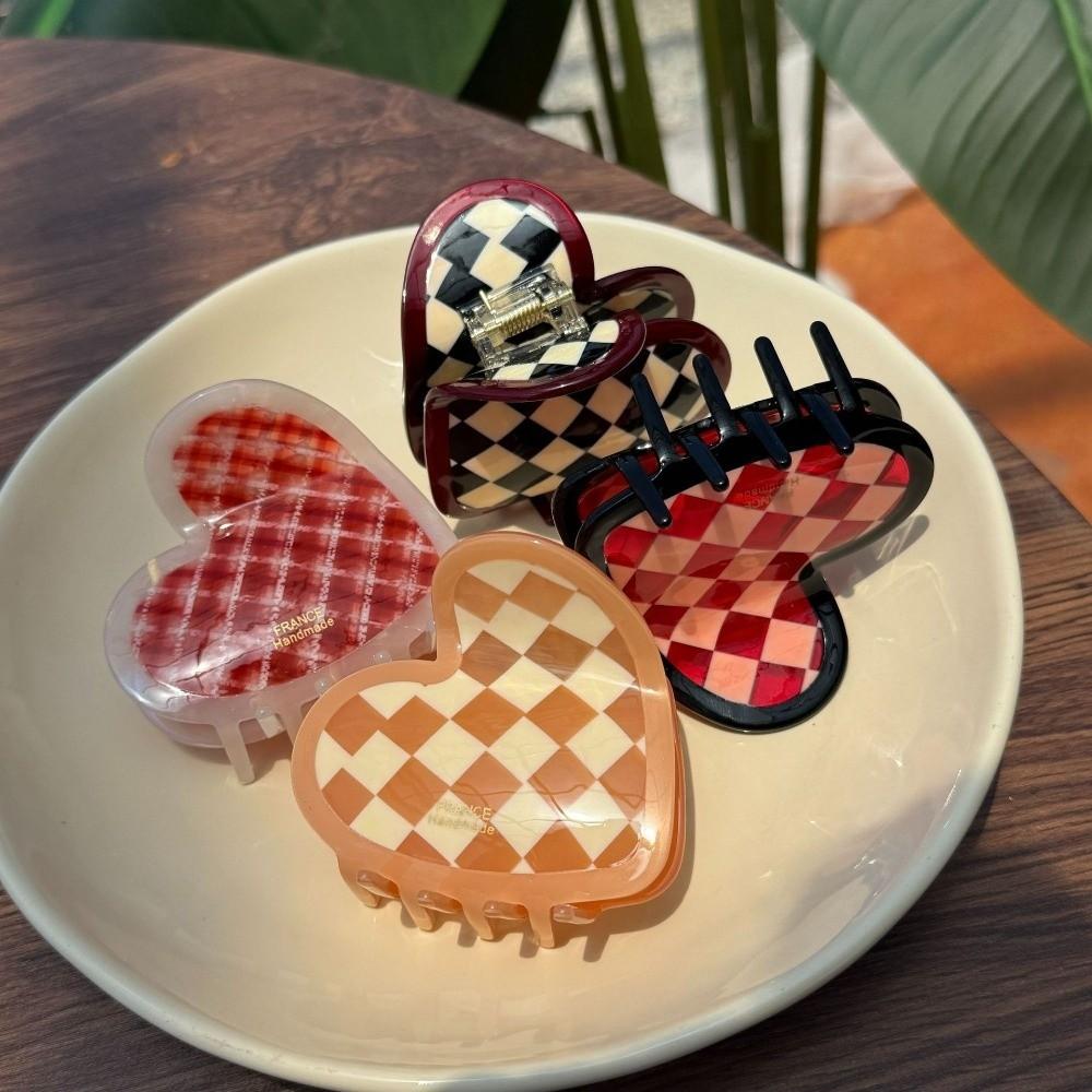 Korean Style Heart Shark Clip Acrylic Plaid Hair Claw Hair Clip Acetic Acid Hair Claw  School