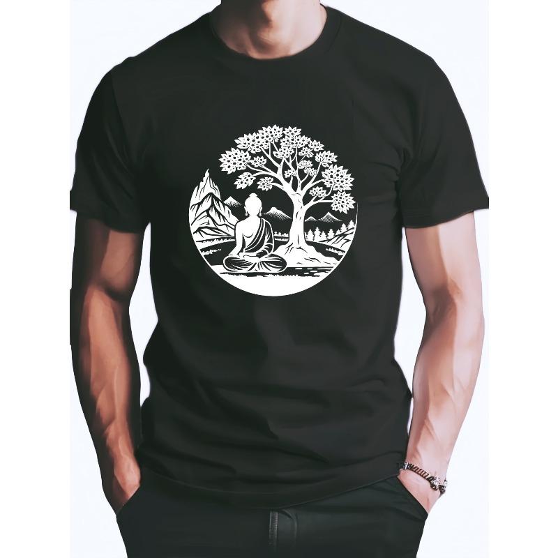 European sizes Men'S Summer Casual Round Neck T-Shirt Meditation Silhouette, Slight Elasticity, Regular Pattern, Geometric Pattern