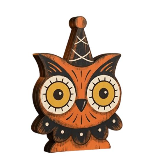 Decorative Tiered Tray Elements Halloween Vintage Wooden Ornaments, Cute Bat/Black Cat/Owl/Pumpkin/Ghost/Skull Decorations, Retro Double Sided Festive
