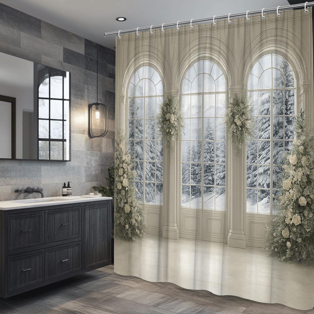 Winter Wonderland Shower Curtain Snowy Forest View Through Classical Arched Windows Elegant Home Decor Waterproof Elevate Space