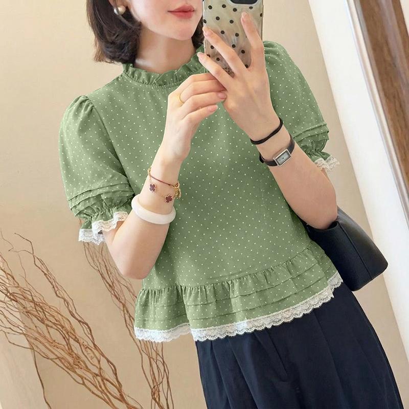 ZANZEA Women Casual Round Neck Polka Dot Print Short Sleeve Blouse