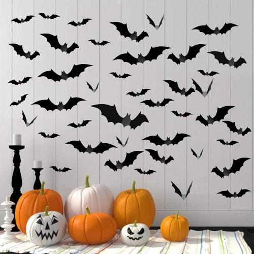 Forhomelife 39-Piece Halloween Tablecloth Decoration Set, Black Table Runner, Spider Web Lace, Large Halloween Bat Stickers, 36 Stickers, Party Suppli