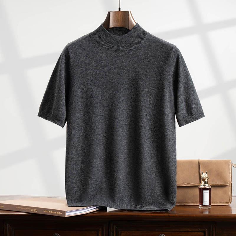 Men's Loose Fit Casmere Knit Half-High Neck Short Sleeve Pullover