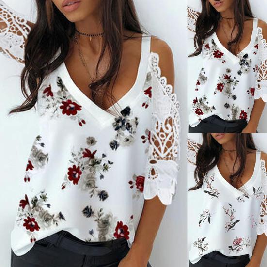 

Рубашка с V-образным вырезом и открытыми плечами, женская футболка из полиэстера с половиной рукавов и принтом