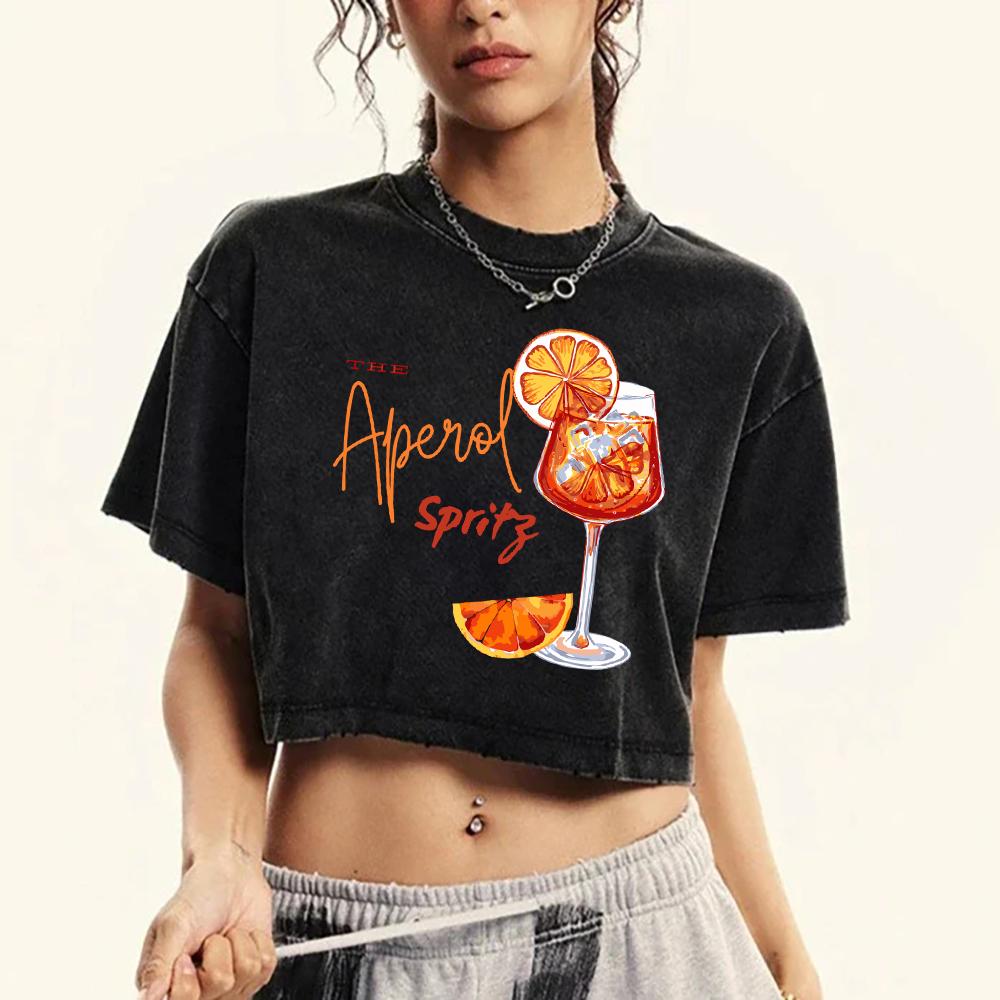 

Lemon Red Wine Printed Female Washed T Shirts Summer Cotton Crop Top Casual Clothes Retro Fitness Slim T-Shirt M