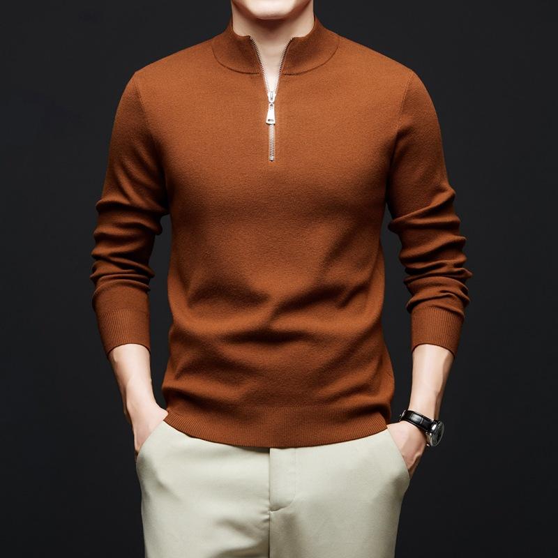Spring And Autumn Men'S Sweater Thin Zipper Semi-Turtleneck Sweater Fashion Loose Dad Knitted Sweater Bottom Shirt