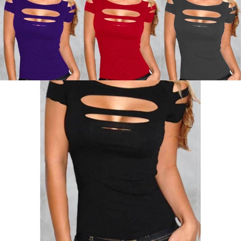 Premium Quality Summer Women's T-shirt Short Sleeve Broken Style Stretch Blouse For Nightclub