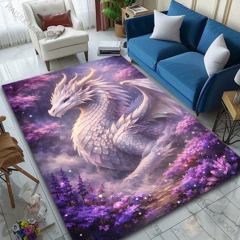 1PC White dragon in purple forest Print Carpet Rug for Living Room Bedroom Sofa Doormat Home Decor Non-slip Floor Mat