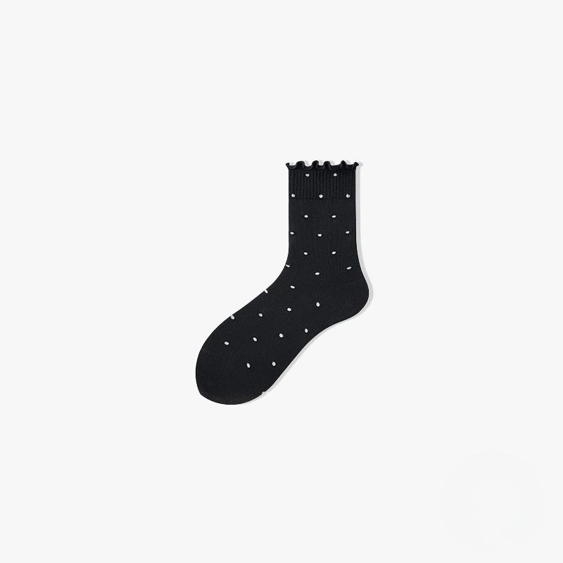 Female Autumn and Winter Solid Color Polka Dot Lace Medium Tube Pile Cotton Socks