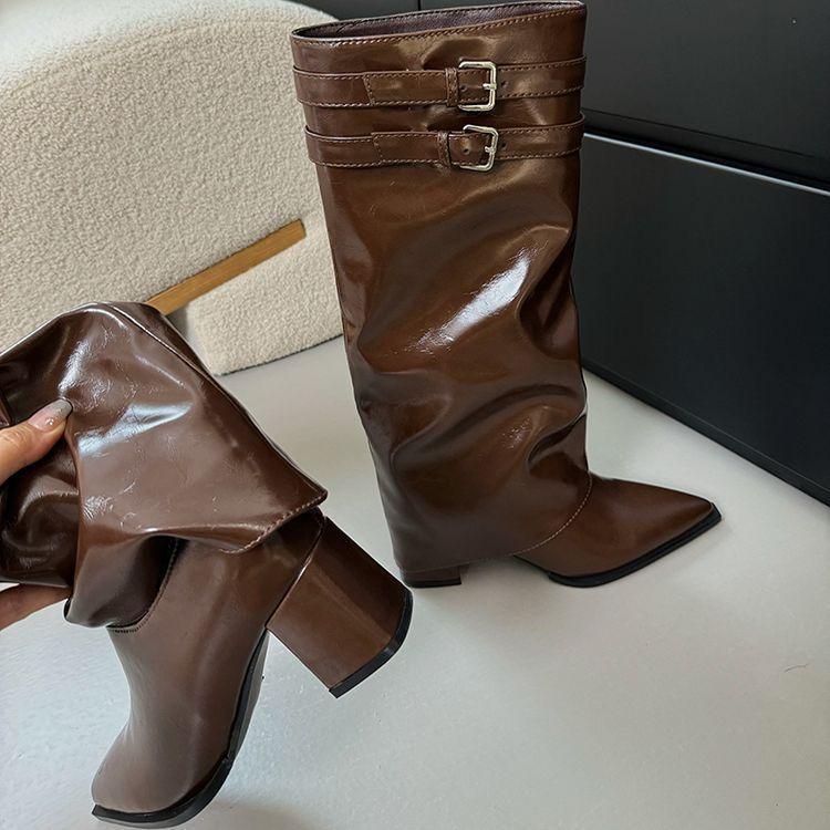 Pointed design belt buckle boots children 2025 autumn and winter new thin but knee thick heel high boots