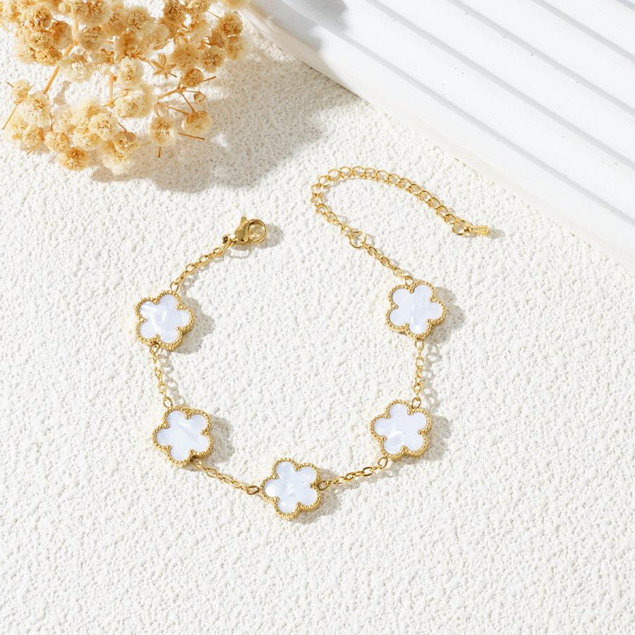 18K Gold-Plated Stainless Steel Five-Leaf Clover Bracelet with Mother-of-Pearl for Women