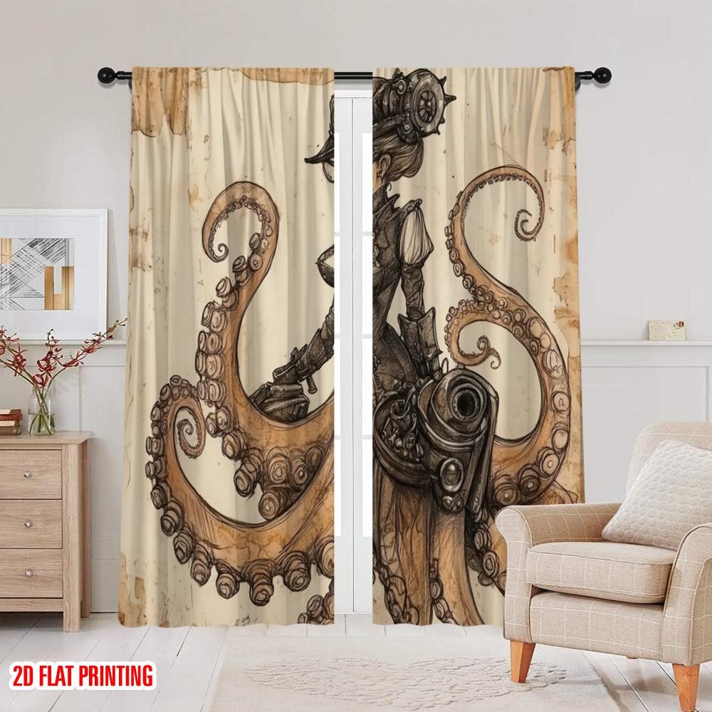2pcs,2D Plane Printing Curtains Roller Blinds Steampunk Octopus Polyester Woven (without Rod) Art Deco Festive Use for Bedroom &