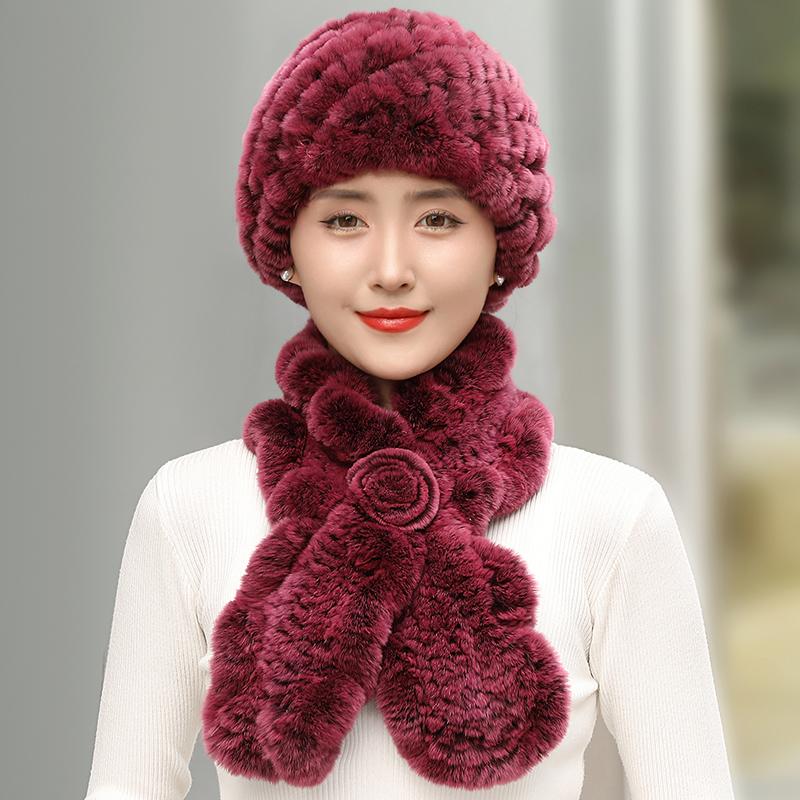 Women Real Rex Rabbit Fur Hat Scarf Set Thickened Warm Winter Rabbit Hat Scarves 2 Pieces For Girls Fashion Outdoor Fur Scarves