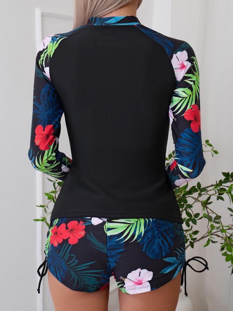 European & American Zippered Two-Piece Long Sleeve Split Swimsuit