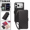Capa de Couro Para iPhone 11 12 13 14 15 16 17 Pro Max XS XR X 6S 7 Plus 8 16e 17e Air Glitter Diamante Magnética Flip Carteira Capa