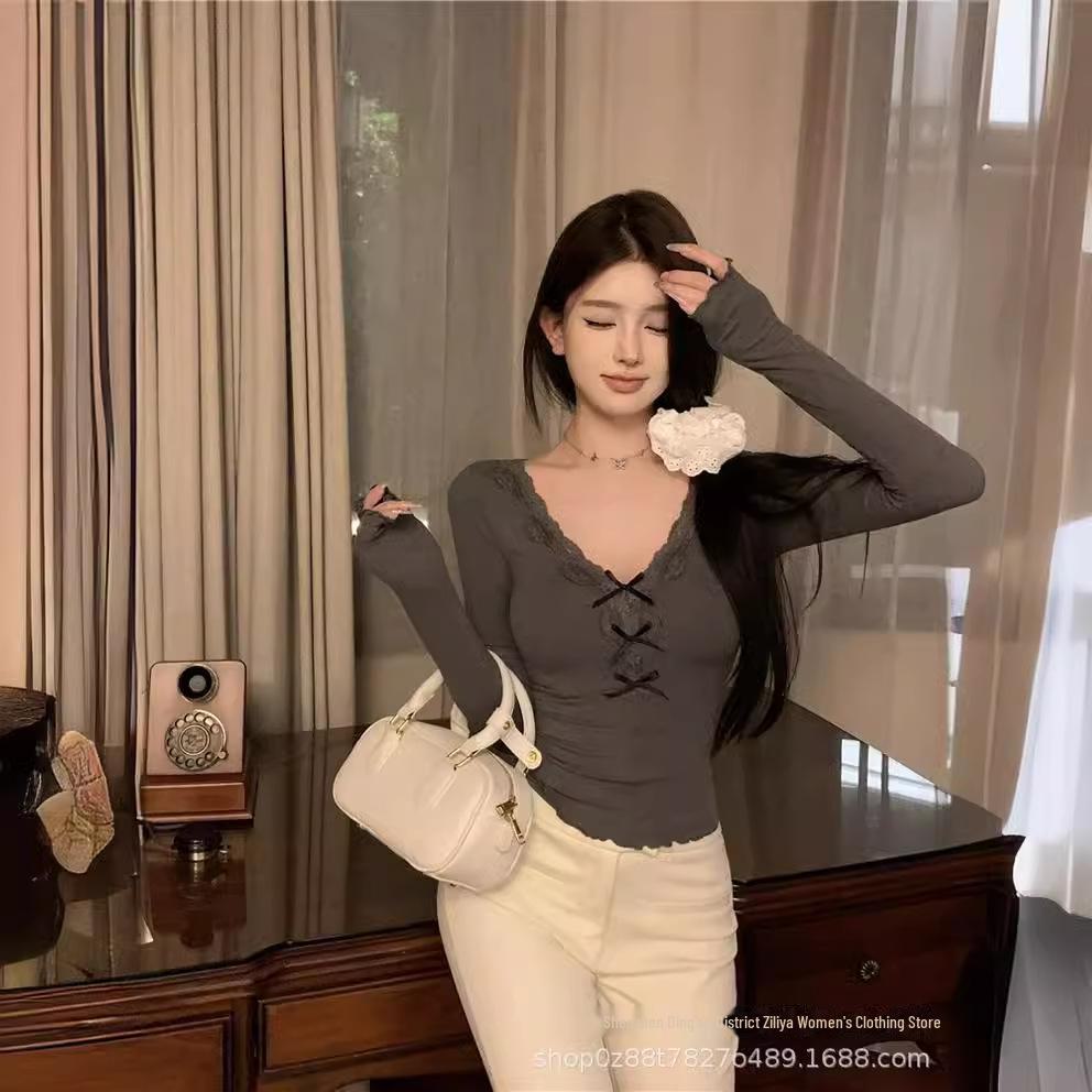 Cămașă de damă de primăvară, cu croială slim, cu fundă din dantelă, decolteu în V, mâneci lungi, din bumbac modal (260g)