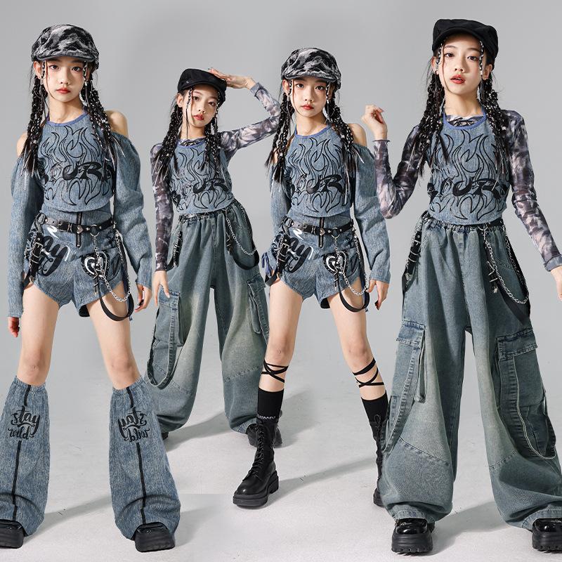 Mädchen K-Pop Denim Crop Top Street Dance Cargo Jeans Hose Kinder Hip Hop Jazz Shorts Kleider Set Kinder Streetwear Bühnenkostüm