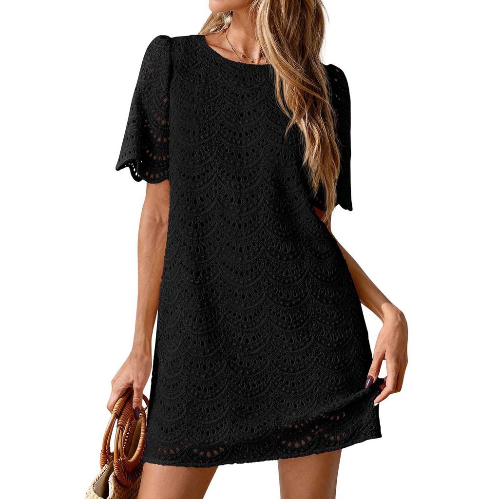 Summer Casual Short Dresses Embroidered Lace Short Sleeve Boho Dress Beach Vacation Clothes