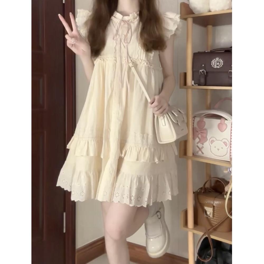 Milk Sweet Small Flying Sleeve Dress Women's Summer Small Retro Fungus Lace Princess Doll Short Dress