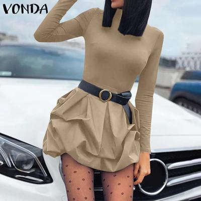 Women Vintage Solid Color Stand Collar Long Sleeve Dresses