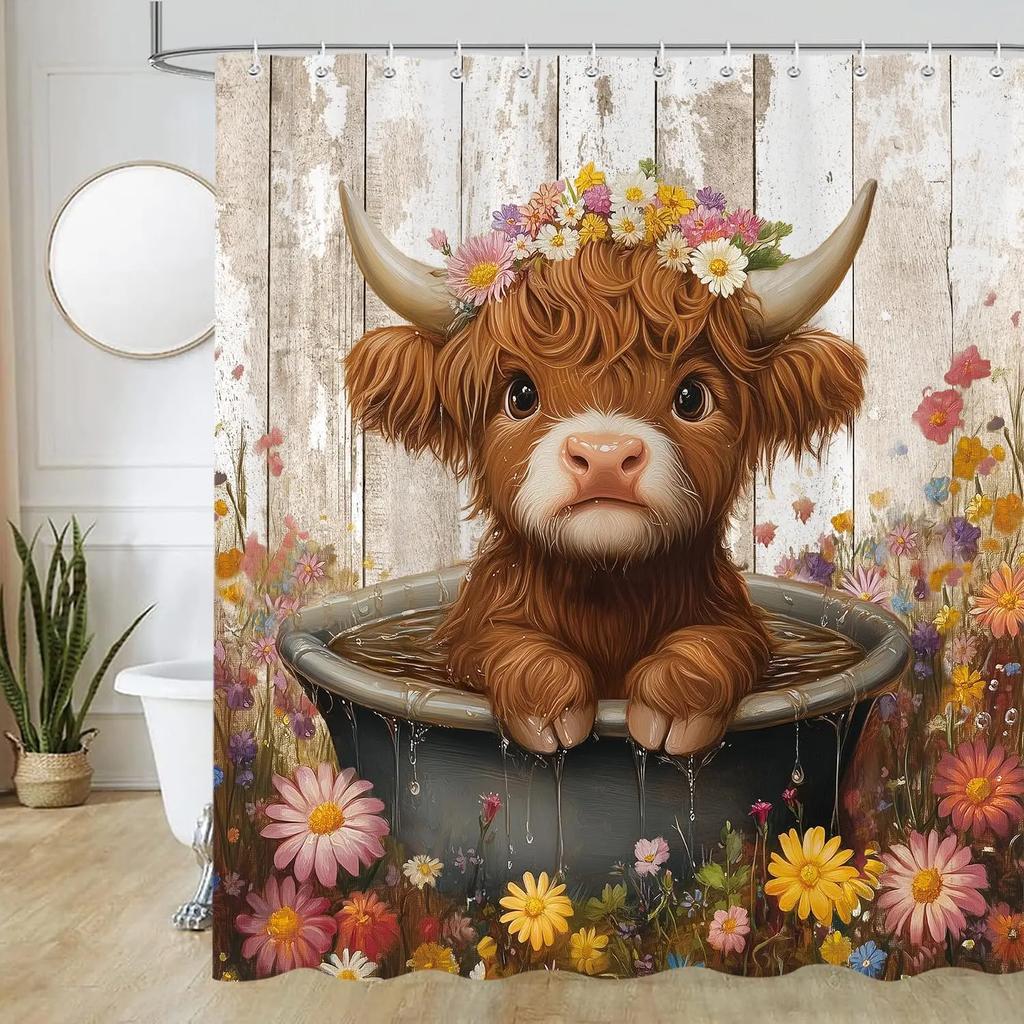 Cute Highland Cow Shower Curtain for Bathroom, Farmhouse Rustic Cow Animal Bathing in Bathtub Shower Curta Decor Set