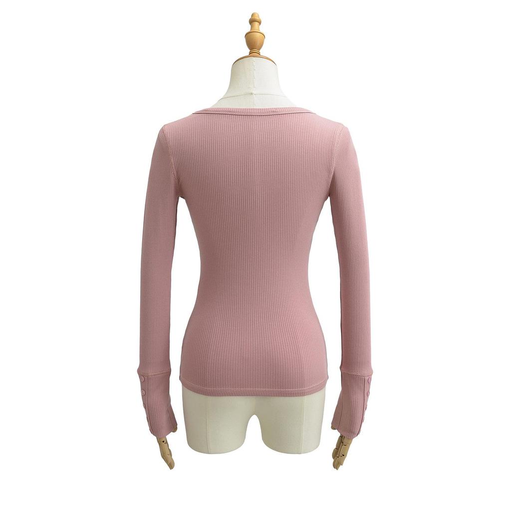 Spicy Girl Ribbed Peach V-neck Buttoned Slimming Long-sleeve T-shirt for Women - Spring 2025 Collection