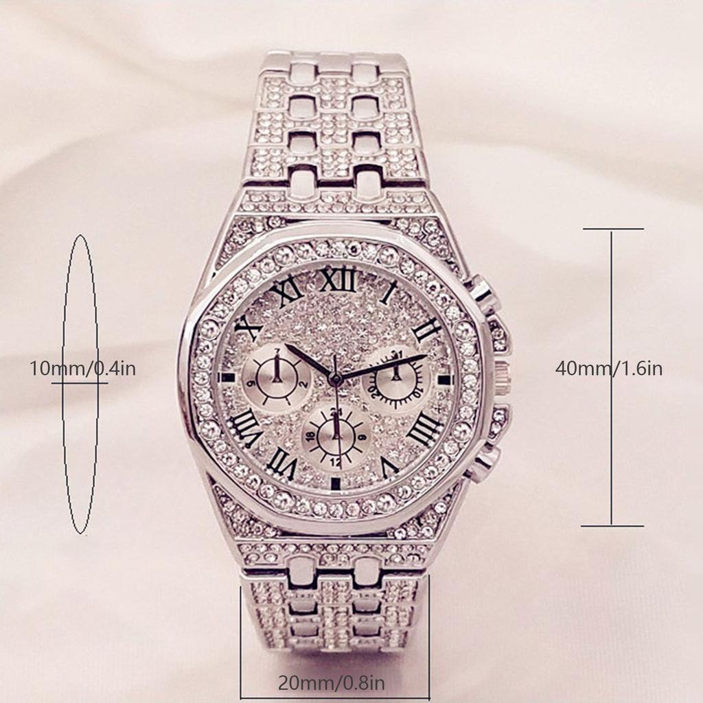 Trendy Women's Quartz Watch Full Rhinestone Accents Stainless Steel Band Three-Eye Dial Roman Numerals Stylish Glamorous watch
