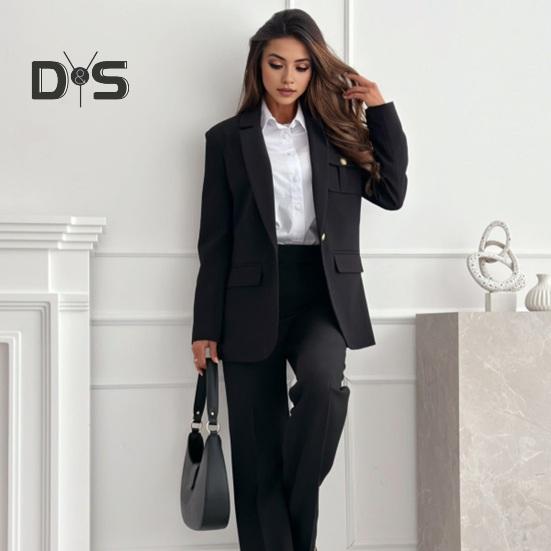 Women Suit Coat Lapel Long Sleeve Flap Pockets Suit Jacket Solid Color Single Button Office Lady Outwear