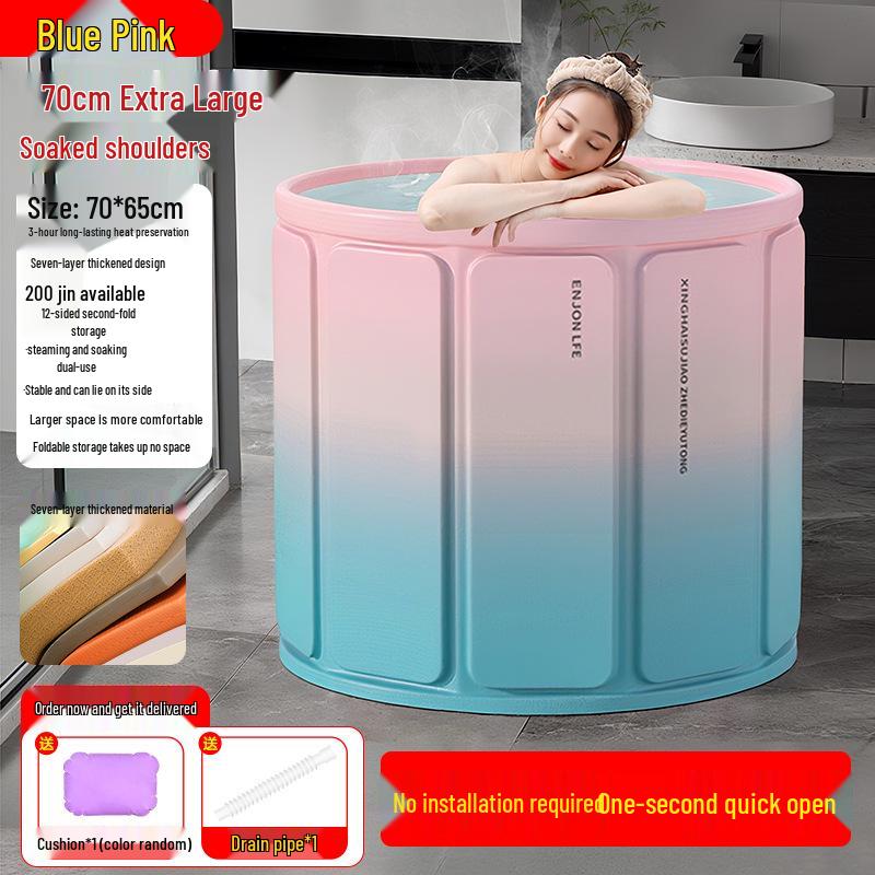 Folding Insulated Adult Soaking Tub - Anti-Rollover, Cotton-Padded, Large Size (Blue/Pink)
